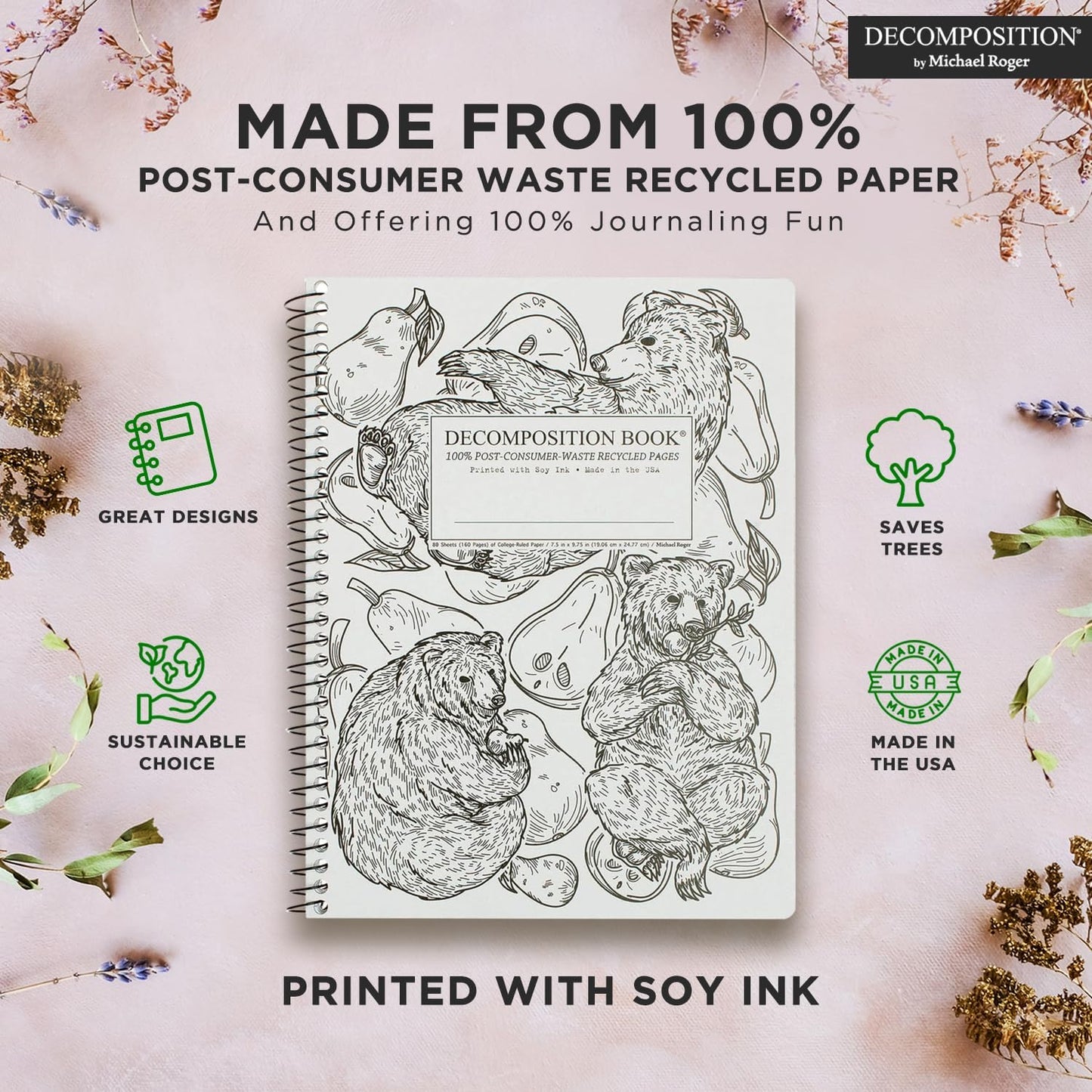 Decomposition Pear Bears College Ruled Spiral Notebooks – 9.75 x 7.5 Journal with 160 Lined Pages – Notebooks for School Supplies, Home & Office – 100% Recycled Paper – Made in USA