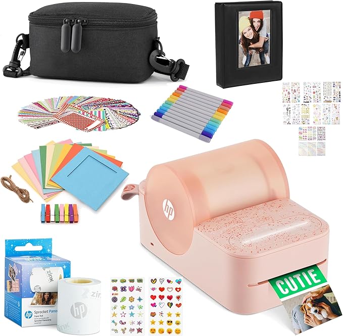HP Sprocket Panorama Instant Portable Color Label & Photo Printer (Pink) Gift Bundle with case, Zink roll, Photo Album, Markers, Stickers and Frames