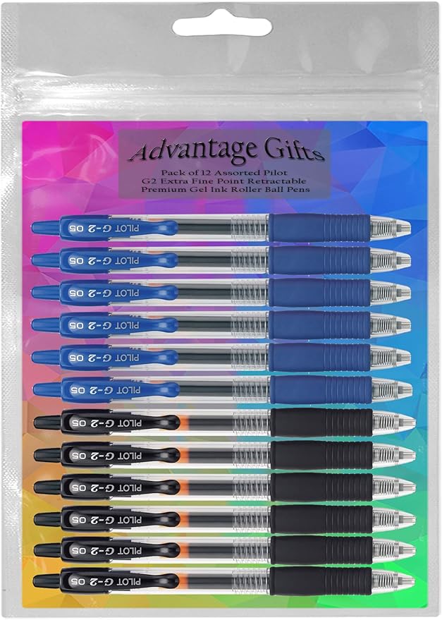G2 Retractable Premium Gel Ink Roller Ball Pens Extra Fine Point (.5mm) Black/Blue Ink 12 pack; Refillable & Premium Comfort Grip Bundle with Plastic Reusable Pouch