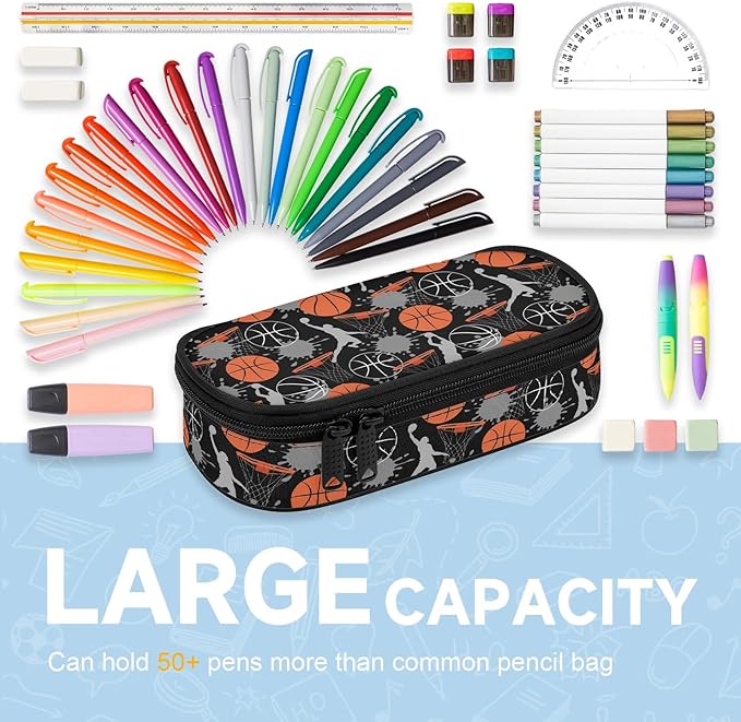 Basketball Large Pencil Case Big Capacity Pencil Pouch for Boys Girls Teen Women Men Adult, Portable Kids Pencil Bag with Zipper, Stationery Storage Pen Bag for School Supplies Office Organizer