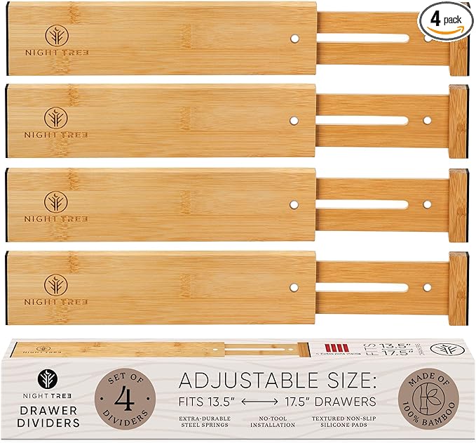 Night Tree Expandable Bamboo Drawer Dividers – Spring-Loaded Wooden Organizers for Clothes, Kitchen Utensils, Bathroom, and Dresser Drawers (13.5" to 17.5")