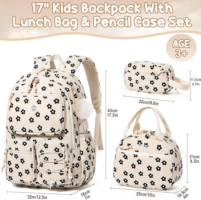 Fimibuke School Backpack for Girls Boys - 3PCS Corduroy Kids Backpack Set with Lunch Box & Pencil Pouch, Lightweight Teen Girls School Bag Laptop Bag Travel Daypack for Elementary Middle High School