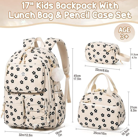 Fimibuke School Backpack for Girls Boys - 3PCS Corduroy Kids Backpack Set with Lunch Box & Pencil Pouch, Lightweight Teen Girls School Bag Laptop Bag Travel Daypack for Elementary Middle High School