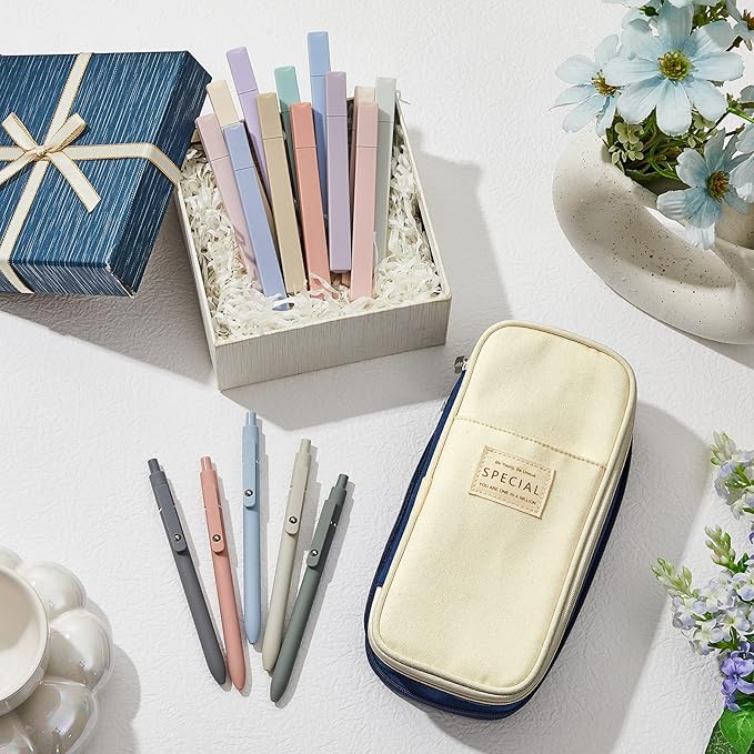 Henoyso 18 Set Aesthetic Bible Study Supplies Include Big Capacity Pen Bag with Zipper 12 Pcs Chisel Tip Bible Highlighters 5 Pcs Quick Dry Retractable Black Ink Pens for Office(Navy Blue)