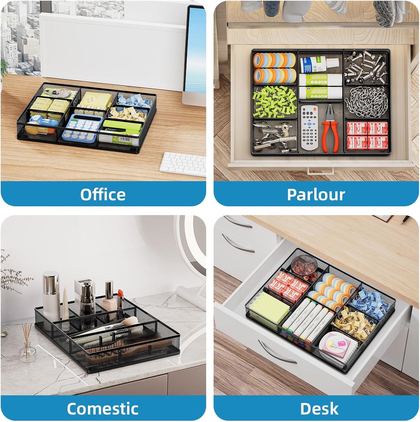 Marbrasse Desk Drawer Organizer, Metal Mesh Drawer Organizer Tray with 5 Adjustable Compartments,Desk Organizers and Accessories for Home,Office,Kitchen,Makeup,Vanity (Black)