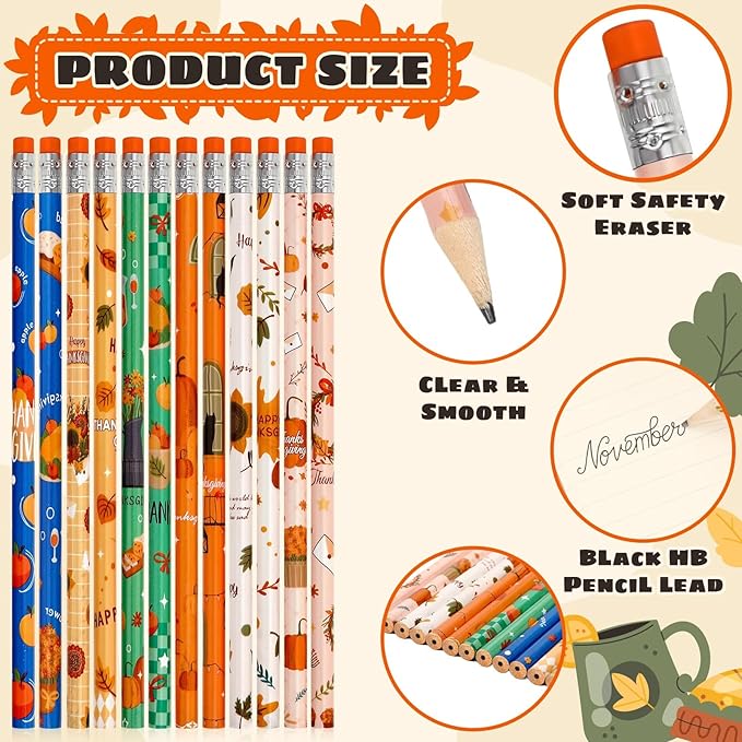 JULMELON 72PCS Fall Party Favors Set, 36PCS Autumn Pencils with 36PCS Pumpkin Maple Leaf Erasers, Pencils for Thanksgiving Holiday Party Reward Supplies