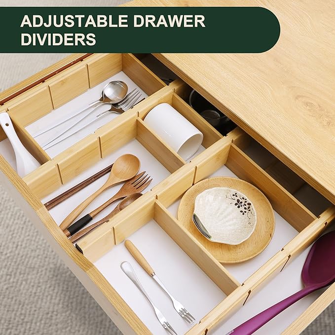 Utoplike 4 PCS Bamboo Kitchen Drawer Dividers with Inserts(Fits 15"-17.7" Drawer Inner Size), Adjustable Drawer Organizers for Socks, Spring Loaded, for Bedroom, Dresser, Bathroom