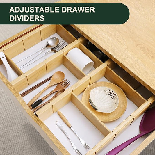 Utoplike Kitchen Drawer Divider with Inserts, Bamboo Drawers Organizer Adjustable, 4 pcs Large Expandable Wood Socks Drawer Organization for Dresser, Office, Spring Loaded