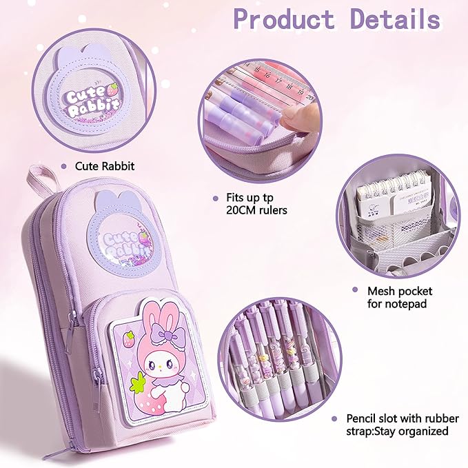 Pink Cute Pencil Case for Girls Boys & Women Large Zippered Pen Pouch Organizer with Aesthetic Design Kids School Supplies canvas Marker Bag Travel Stationery Box back to school gift (purplr)