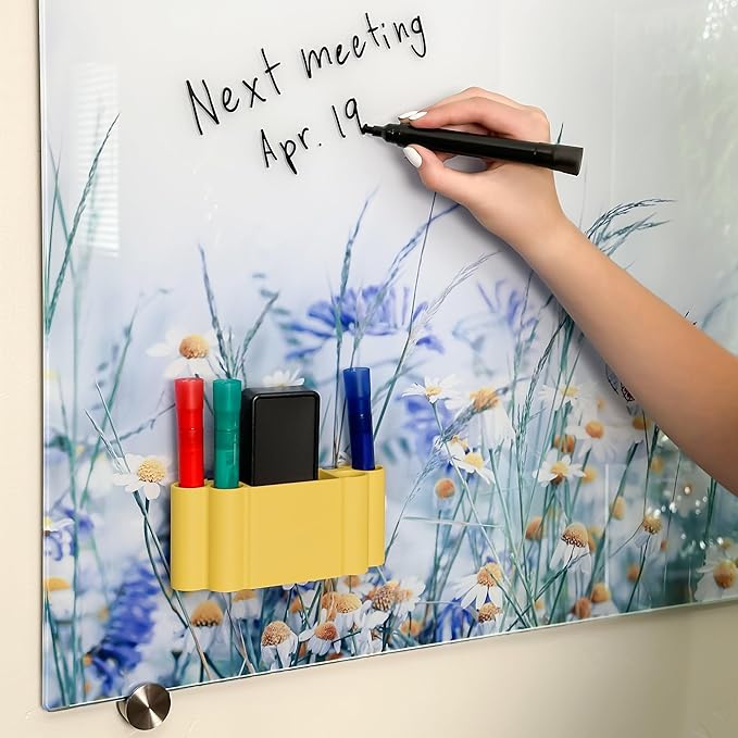 Glassboard Studio Magnetic Dry Erase Marker Holder - Super Strong for Magnetic Glass Whiteboard or Fridge - 2 Large Neodymium Magnets - No Slip Grip - Eco-Friendly PLA Plastic (Sunshine Yellow)