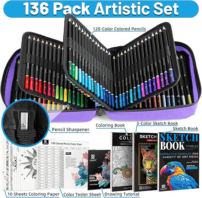 136 PCS Colored Pencils Set for Adult Coloring Books, 120 Colored Pencils with Sketchbook, Coloring Book, Sharpener, Soft Core Oil-Based Coloring Pencils for Artists Drawing Sketching Blending Shading