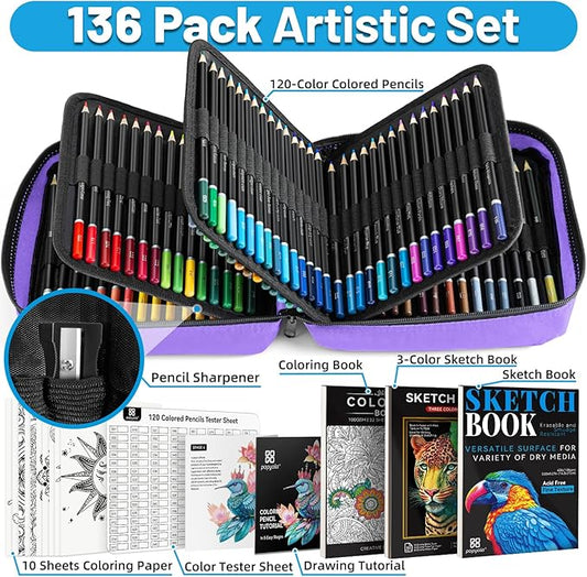 136 PCS Colored Pencils Set for Adult Coloring Books, 120 Colored Pencils with Sketchbook, Coloring Book, Sharpener, Soft Core Oil-Based Coloring Pencils for Artists Drawing Sketching Blending Shading