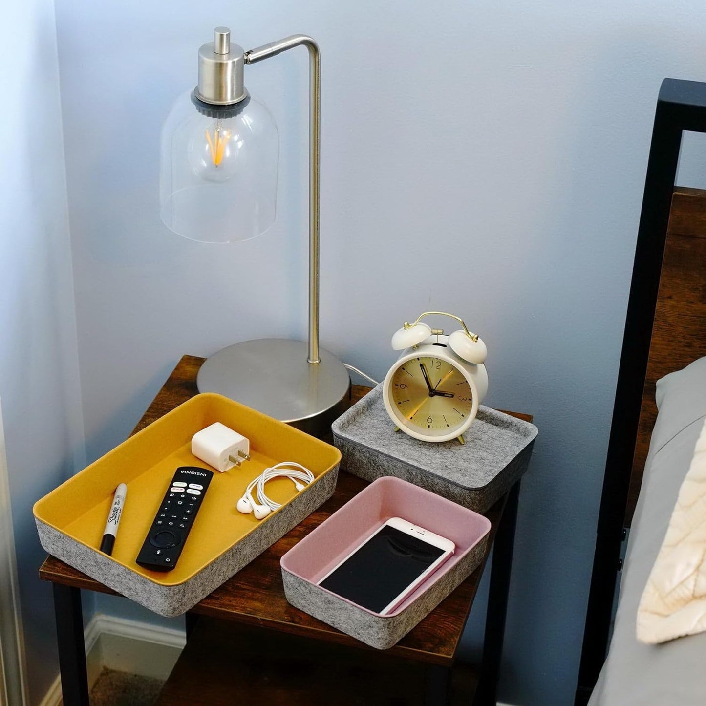 Welaxy Lidded Felt Drawer Organizer Bin with lids Desktop Stackable Organizer Storage box for crafts office supplies pen notes Junk Makeup Stationery Organize 3-Pack (Curry+Dusty rose +Glacier gray)