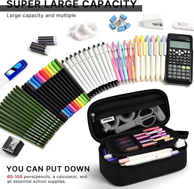 Large Pencil Case Pouch for Boy Men Kids Adults, Big Capacity Canvas Pencil Bag, Office College School Multi Compartment Zipper Stationery Pen Bag (Black)