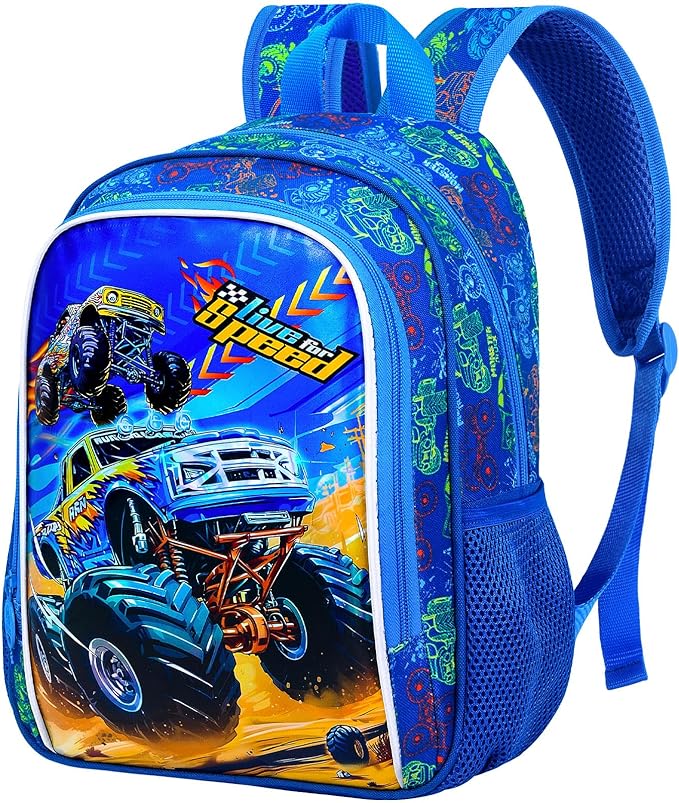 KLFVB Boys Toddler Truck Backpack, Water Resistant Kindergarten Bookbag, 13" Preschool Backpacks for Toddler - Truck Blue