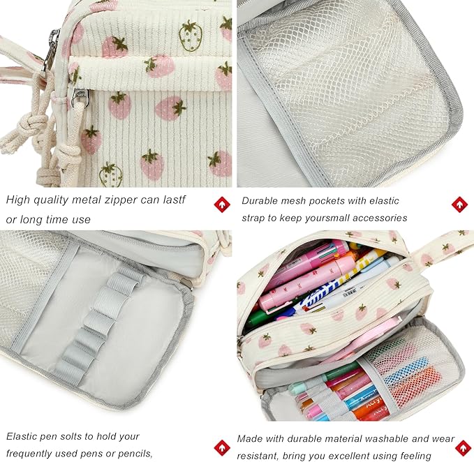 Bluboon Big Capacity Pencil Case Pencil Pouch Pen Case School Supplies Cute Pencil Box Pencil Bag for Teen Girls Boys Women Man (Strawberry Pink white)