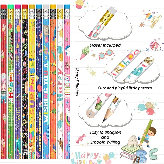 Funrous 500 Pcs Happy Birthday Pencils for Students Bulk Colorful Pencils with Top Erasers for Teachers Classrooms Reward Kids Birthday Party Supplies Gifts, 10 Assorted Style