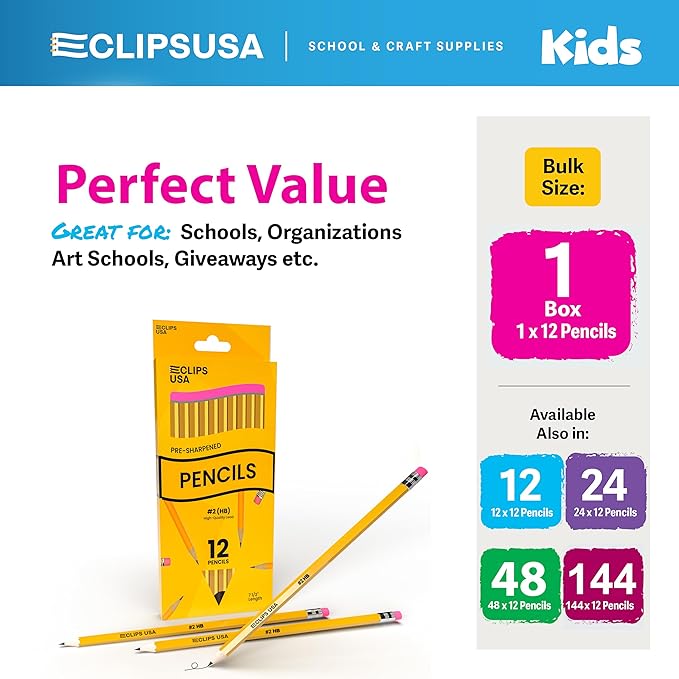 Pre-Sharpened Pencils Bulk, Pencil #2 (12 Boxes), Number 2 pencils, School Supplies Bulk, Office Supplies Bulk, Box May Vary, 12 Pencil Per Box (12 Boxes)