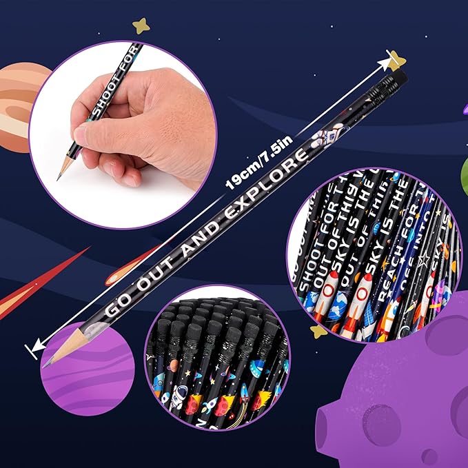 Kolewo4ever 200 Piece Space Theme Pencils Astronaut, Planet, Rocket Space Ship Designs Peccils for Classroom Rewards,Space Party Favors