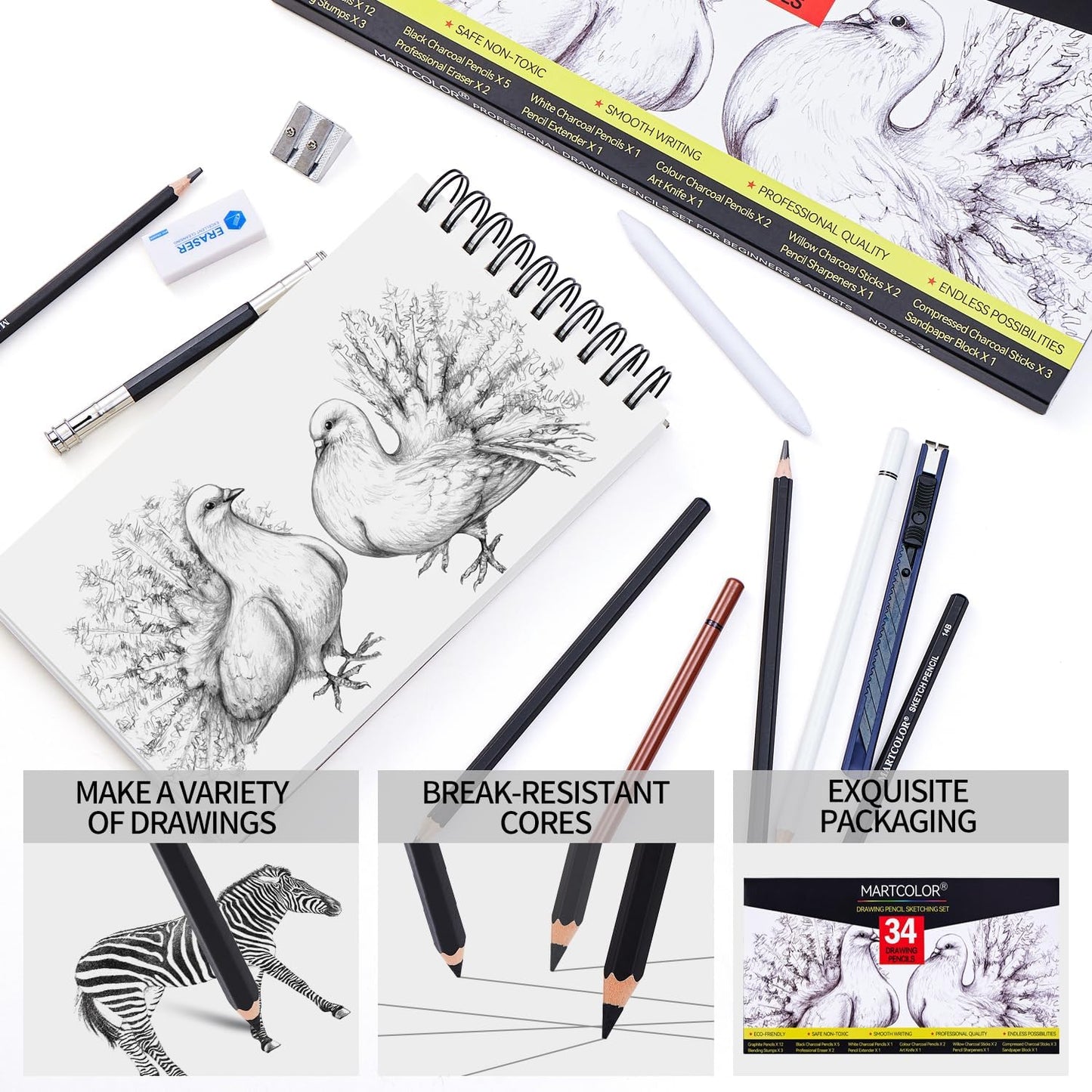 Drawing Sketching Pencils Set, 34 Pieces Pro Art Pencil Kit - Graphite Pencils (14B-4H), Charcoal Pencils, Charcoal Sticks, Artist Pencils for Beginners & Pro Artists