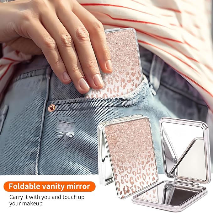 Compact Pocket Mirror, Cute Travel Mini Mirror with Magnification, Foldable Double-Sided Portable Cosmetic Mirror for Men, Women Glitter Rose Leopard