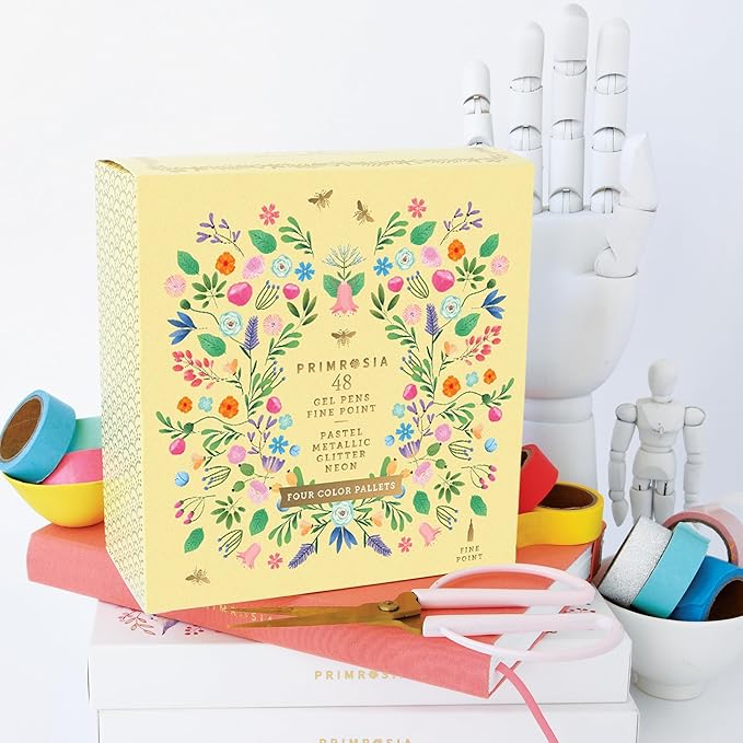 Primrosia 48 Glitter Gel Pens, inc. Metallic, Pastel & Flourescent for Adult Coloring Book & Bullet Journal Pens. No-Bleed-Through in a Variety of Shades, 7.5x More Ink Fine Point Markers Set