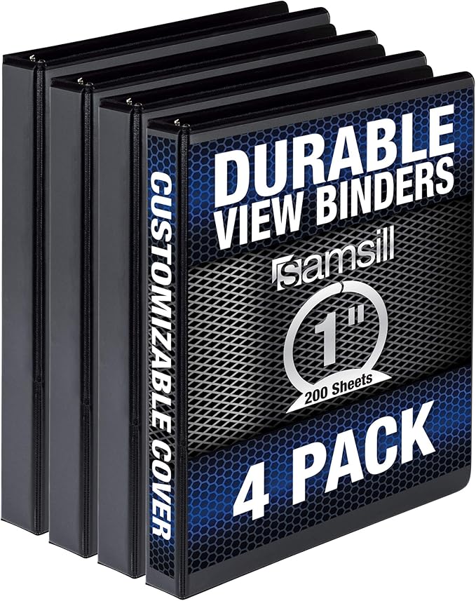 Samsill Durable 1 Inch Binder, Made in the USA, Round Ring Customizable Clear View Binder, Black, 4 Pack (MP48430)