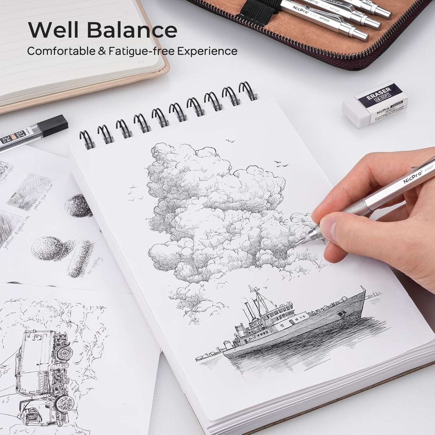 Nicpro 30PCS Silver Metal Mechanical Pencils Set in Leather Case, Art Drafting Pencil 0.5, 0.7, 0.9 mm, 2mm Lead Pencil Holder for Sketching Drawing With 16 Tube (6B 4B 2B HB 2H 4H Colors)Lead Refill