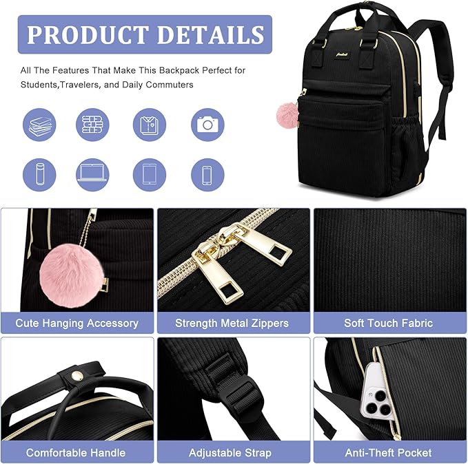 School Backpack for Girls Laptop Bookbag: Casual Corduroy Women Backpacks with USB Charging Port TSA Friendly Travel Back Pack with Anti-Theft Pockets Cute College Daypack for Teen Students Black