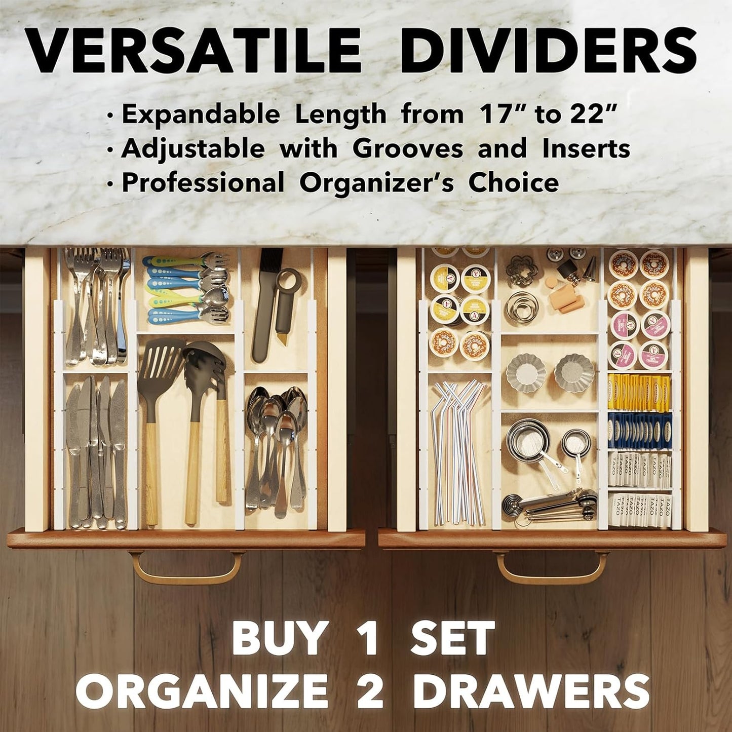 SpaceAid Bamboo Drawer Dividers with Inserts and Labels, Kitchen Adjustable Drawer Organizers, Expandable Organization for Home, Office, Dressers, 10 Dividers with 24 Inserts (17"-22" White)