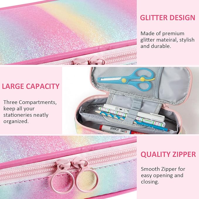 Glitter Rainbow Pencil Case for Girls, Large Capacity Pencil Pouch Pen Bag Organizer with 3 Compartments for Kids Student School Office Supplies, Cute Pencil Holder Pen Box (Glitter Rainbow)