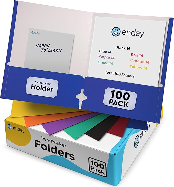 Paper Folders with Pockets (100 Pack) Assorted Colors - Letter Size Two Pocket Folder, Premium Quality Bulk - Purple, Blue, Green, Red, Yellow, Orange & Black, by Enday
