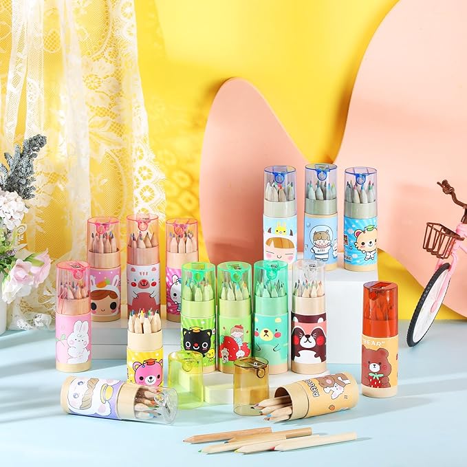 Fumete 100 Pack Cute Pencils Mini Drawing Colored Pencils Bulk for Kids with Sharpener Portable Color in Tube Party Favors Gift for Classroom School Supplies, 12 Colors