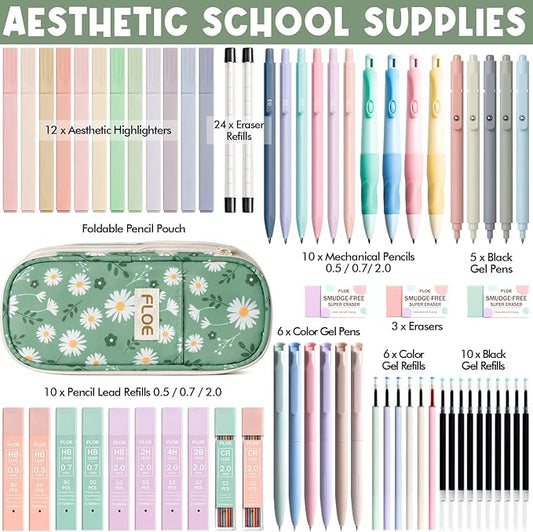 65PCS Aesthetic School Supplies with Cute Pencil Case, Pastel Highlighters Gel Pens Mechanical Pencils Set 0.5 0.7 & 2.0mm, Office Back to School Supplies College Essentials Kit Student Stationary Set
