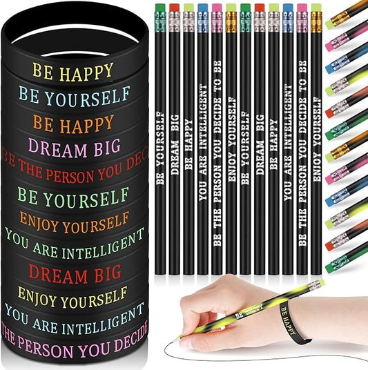 Sabary 48 Pcs Motivational Pencils Inspirational Silicone Bracelets Set Mood Pencil Motivational Quote Rubber Wristbands for Kids Teens Christmas Classroom Gifts for Students (Black Background)