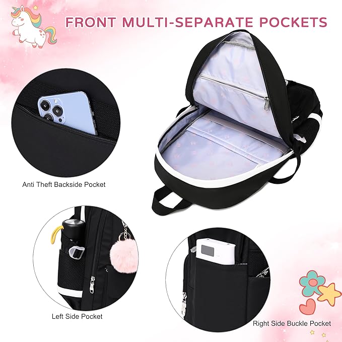 Girls Backpack,15.6 Inch Laptop School Bag Large Primary Elementary Middle College Bookbags Kids Backpacks for Teens Girls Women Students Anti Theft Travel Daypack (Black)