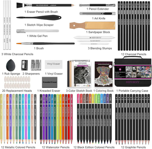 HIFORNY 100 PCS Drawing & Sketching Set, Professional Art Supplies with Graphite,Charcoal, Colored,Watercolor,Metallic Pencils,Blending Tools,Sketchbook and Coloring Book in Zipper Case (Black)