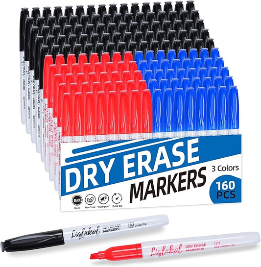 Dry Erase Markers Bulk 160 Pack 3 Assorted Colors, Chisel Tip Whiteboard Markers for Home School and Office，Pens of 80 Black 40 Red and 40 Blue.