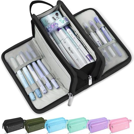 Sooez Large Pencil Case, Big Capacity Pencil Pouch Pen Bag with 3 Compartment, Portable Canvas Stationery Organizer with Zipper, Cute Aesthetic School Supplies for Teen Girls College, Black with Plaid