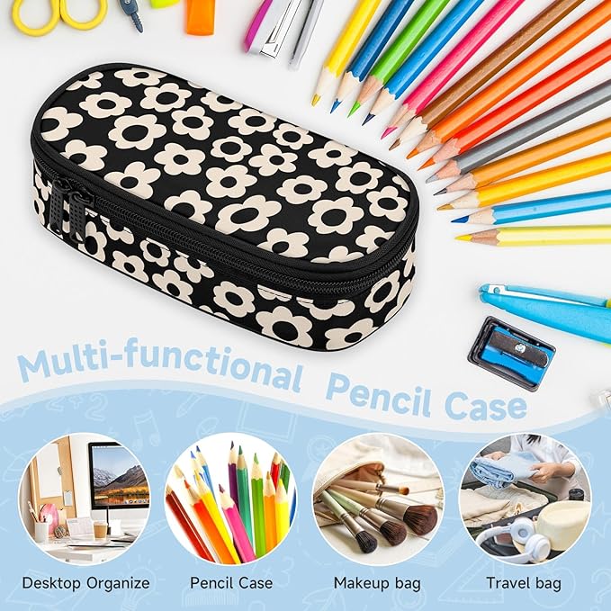 Black with Beige Flower Large Pencil Pouch Big Capacity Cute Pencil Case for Girls Boys Teen Women Men Adult,Portable Kids Pencil Bag with Zipper,Stationery Storage Pen Bag for School Office Organizer
