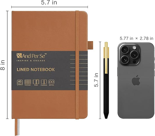 A5 Lined Leather Journal and Pen Set, Hardcover Notebook with Pen, 160 Pages 100gsm Thick Ruled Paper for Men Women, for Work, Business, School or Home Writing, 5.7'' x 8'' (Light Brown-Set1)