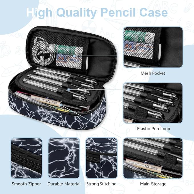 Lightning Large Pencil Case Big Capacity Black Pencil Pouch for Boys Girls Teen Women Men Adult, Portable Kids Pencil Bag with Zipper, Stationery Storage Pen Bag for School Supplies Office Organizer