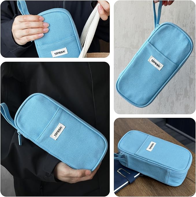 Large Pencil Case Pouch for Girls Boy Kids Children, Big Capacity Canvas Pencil Bag, Office College School Multi Compartment Zipper Stationery Pen Bag (Light Blue)