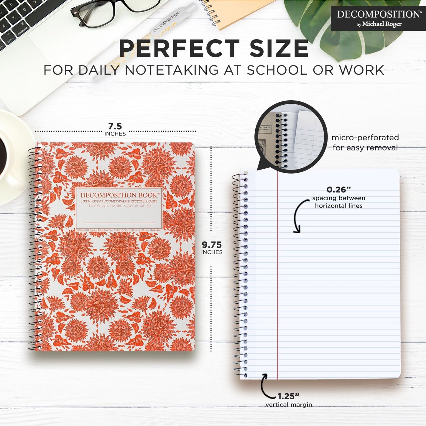 Decomposition 3-Pack Sunny Blossoms College Ruled Spiral Notebook - 9.75 x 7.5 Journal, 160 Lined Pages - 100% Recycled Paper - Notebooks for School Supplies, Home & Office - Made in USA