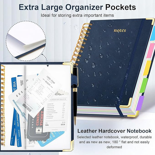 Hardcover Spiral Notebook 8"x10" Journal Notebook with Tabs and Removable Dividers 300 Pages 5 Subject Notebook College Ruled, Faux Leather Spiral Bound Notebook for Women, Students, School Work (Dark Blue)