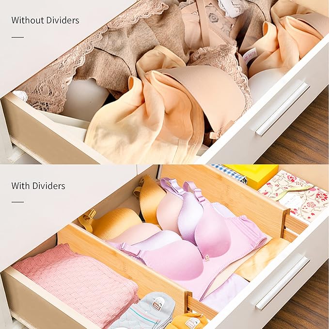 Utoplike Small Bamboo Kitchen Drawer Dividers(Fits 15"-17.7" Drawer Inner Size), 4 PCS Adjustable Drawer Organizers for Socks, Spring Loaded, Works in Drawer for Bedroom, Dresser