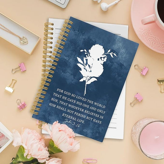 XPH Blue Christian Spiral Notebook, John 3:16 Bible Verse Journaling Notebooks for Women, Floral Religious Hardcover Journals for Writing 160 Pages 5.5 x 8.3 Inch, Christian Gifts for Women