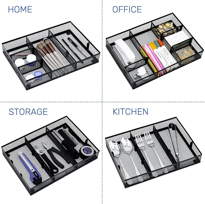 Neudeco Desk Drawer Organizer with 6 Adjustable Dividers, Metal Pen organizer for desk drawer,Mesh Office Desk Drawer Organizer Tray for office supplies (Pack 4, Black)