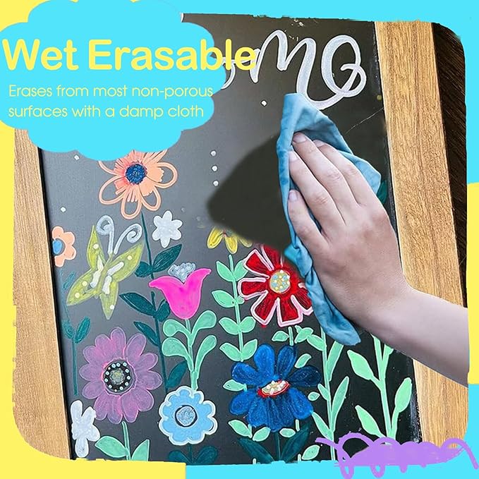 Liquid Chalk Markers for Blackboard, 24 colors Erasable Chalk Markers Pen for Windows, Glass, Chalkboard, Blackboard, Auto, Mirror, Calendar - 6mm Reversible Bullet&Chisel Tip &36pcs Chalkboard Lables