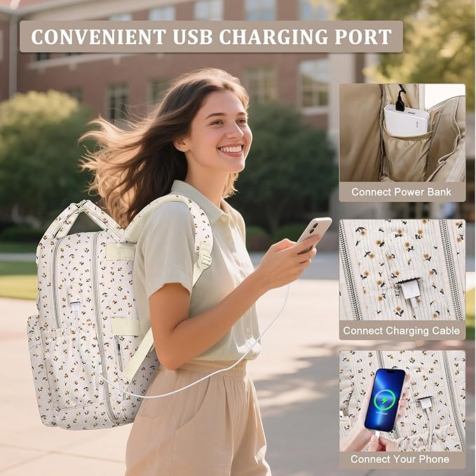 School Backpack for Girls Laptop Bookbag: Casual Corduroy Women Backpacks with USB Charging Port TSA Friendly Travel Back Pack with Anti-Theft Pockets Cute College Daypack for Teen Students Flowers